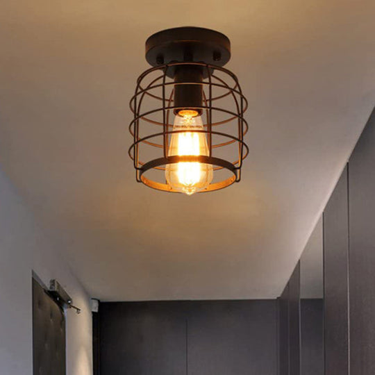 Retro Industrial Ceiling Light With Metal Frame Shade - Wrought Iron Flush-Mount Lamp In Black /