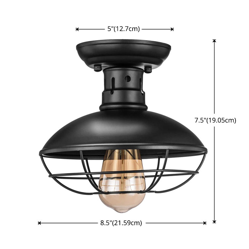 Retro Industrial Ceiling Light With Metal Frame Shade - Wrought Iron Flush-Mount Lamp In Black