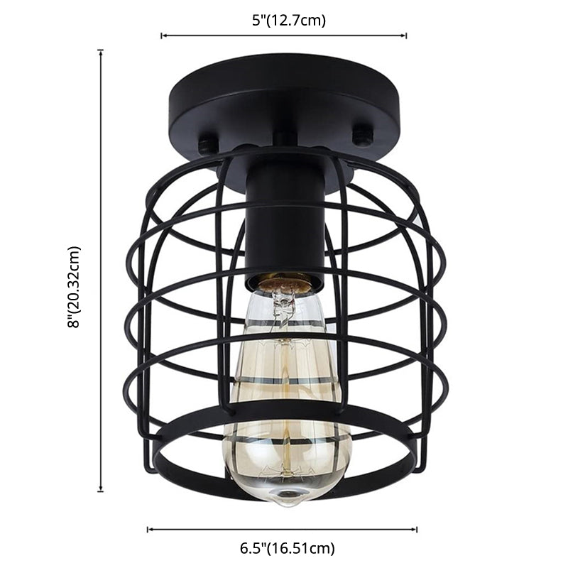 Retro Industrial Ceiling Light With Metal Frame Shade - Wrought Iron Flush-Mount Lamp In Black