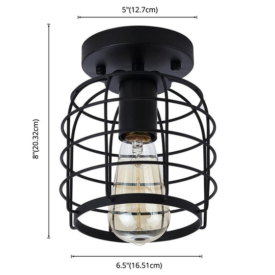 Retro Industrial Ceiling Light With Metal Frame Shade - Wrought Iron Flush-Mount Lamp In Black