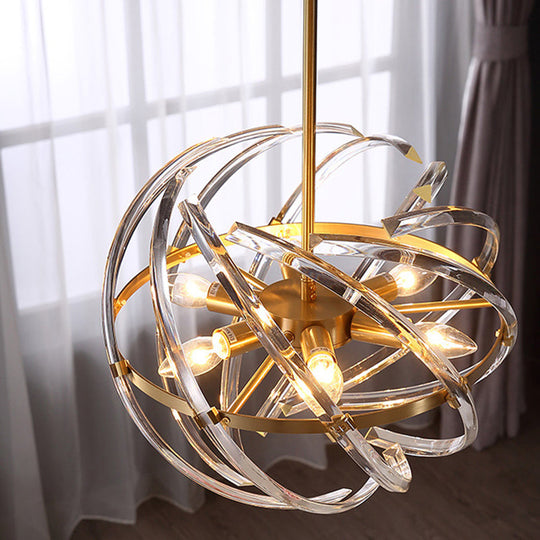 Lustre de chambre postmoderne à 6 têtes - Lampe suspendue dorée élégante avec abat-jour en cristal incurvé