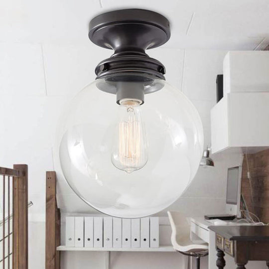 1-Light Black Industrial Ceiling Light With Clear Glass Shade - Round Flush-Mount Lamp For Cloth