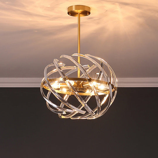 Lustre de chambre postmoderne à 6 têtes - Lampe suspendue dorée élégante avec abat-jour en cristal incurvé