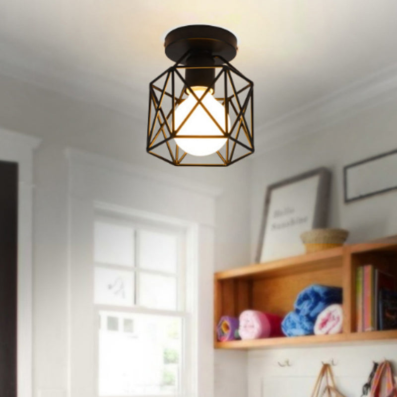 Retro Industrial Black Ceiling Light: Single Wire Frame Semi Flush For Kitchen