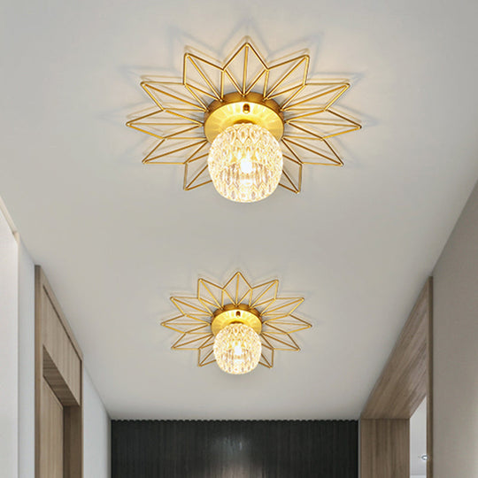 Modern Glass Ceiling Light With Sunflower Iron Decoration For Bedroom Semi Flush Mount Design