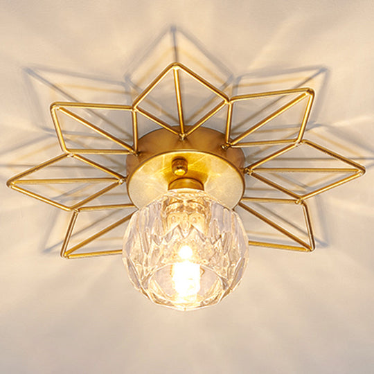 Modern Glass Ceiling Light With Sunflower Iron Decoration For Bedroom Semi Flush Mount Design