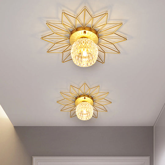 Modern Glass Ceiling Light With Sunflower Iron Decoration For Bedroom Semi Flush Mount Design