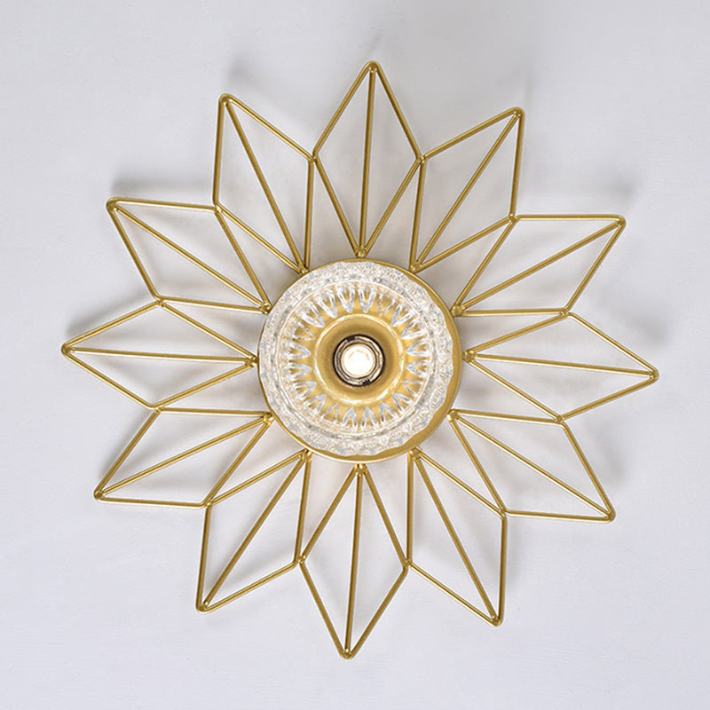 Modern Glass Ceiling Light With Sunflower Iron Decoration For Bedroom Semi Flush Mount Design