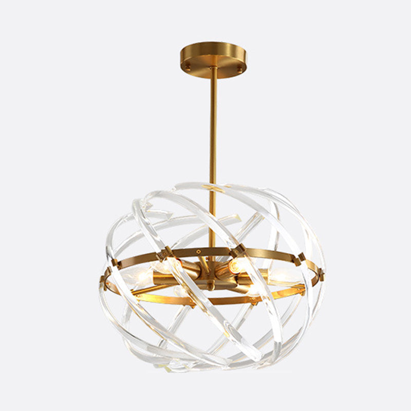 Lustre de chambre postmoderne à 6 têtes - Lampe suspendue dorée élégante avec abat-jour en cristal incurvé