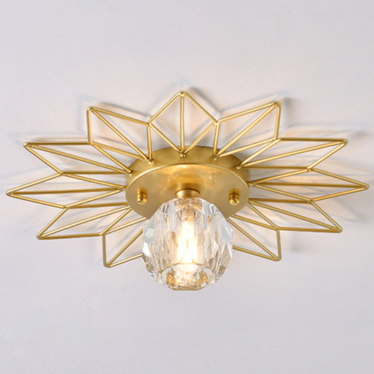 Modern Glass Ceiling Light With Sunflower Iron Decoration For Bedroom Semi Flush Mount Design