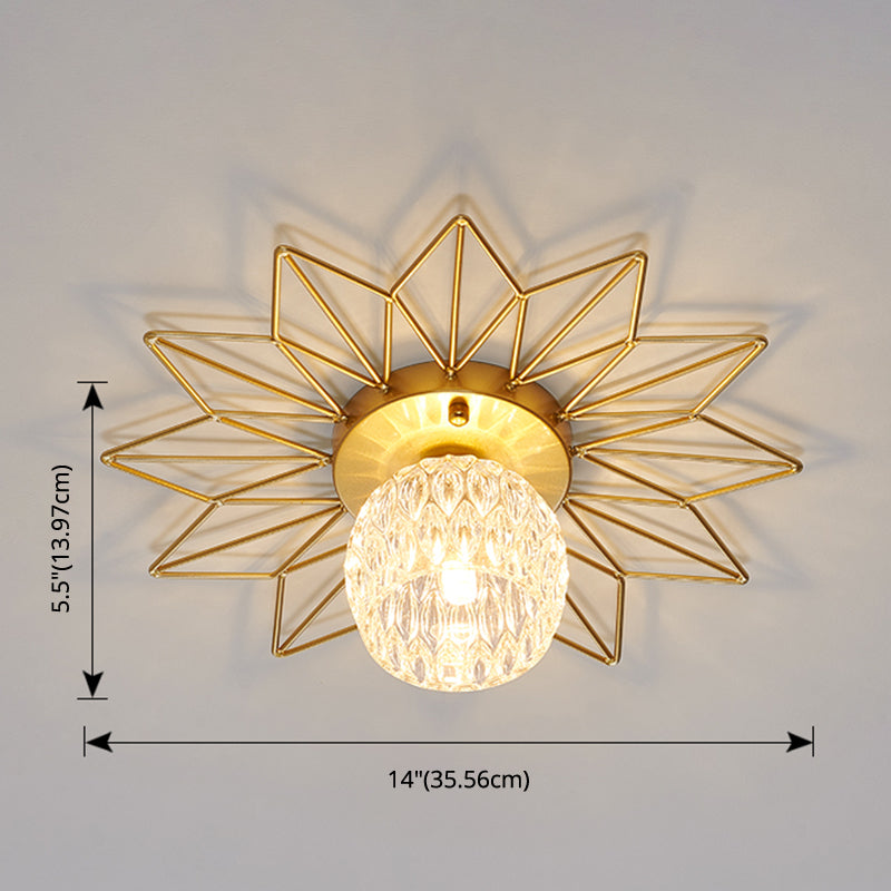 Modern Glass Ceiling Light With Sunflower Iron Decoration For Bedroom Semi Flush Mount Design