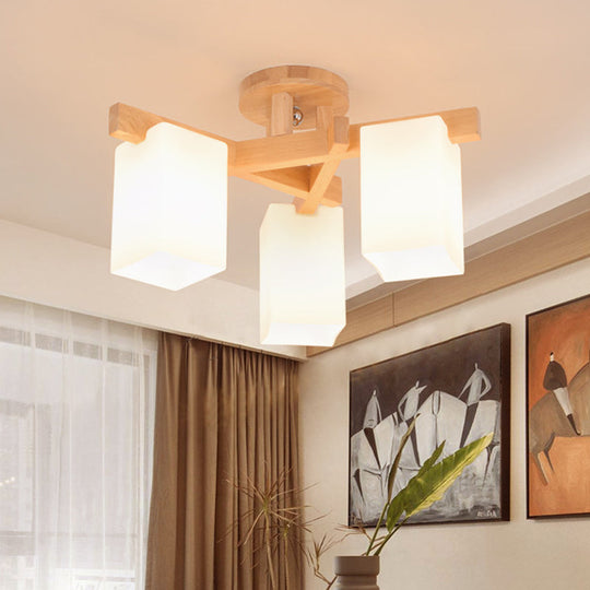 Milky White Glass Branch Ceiling Light - Modern Wood Finish Flush Mount Design