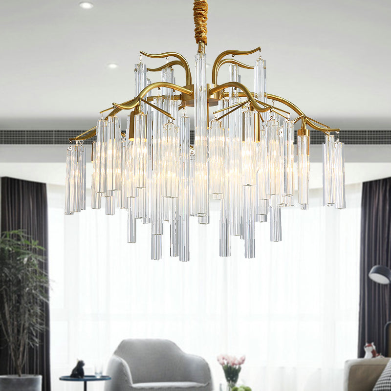 Lustre postmoderne à bras incurvés dorés avec 7 têtes de tige en cristal - Luminaire suspendu à trois côtés