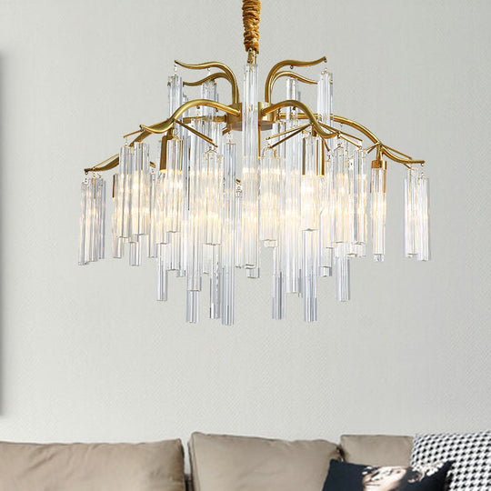 Lustre postmoderne à bras incurvés dorés avec 7 têtes de tige en cristal - Luminaire suspendu à trois côtés