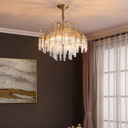 Tri-Sided Crystal Rod Chandelier - Elegant Gold Curved Arm Hanging Light Fixture 7 Heads Postmodern