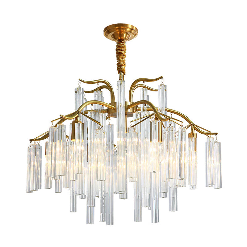 Tri-Sided Crystal Rod Chandelier - Elegant Gold Curved Arm Hanging Light Fixture 7 Heads Postmodern