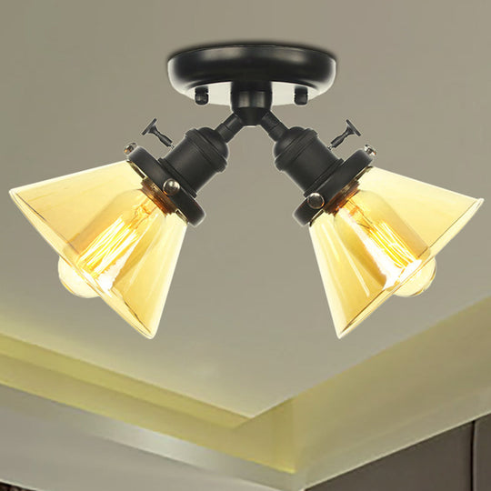 Vintage Style Restaurant Ceiling Light Fixture- 2 Heads, Black/Bronze Semi Flush Mount- Amber/Clear Conic Glass Shade