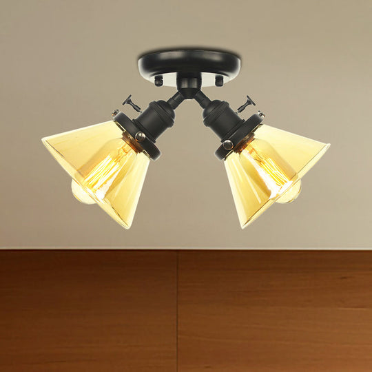 Vintage Style Semi Flush Mount Restaurant Ceiling Light With Conic Amber/Clear Glass Shade - 2 Heads