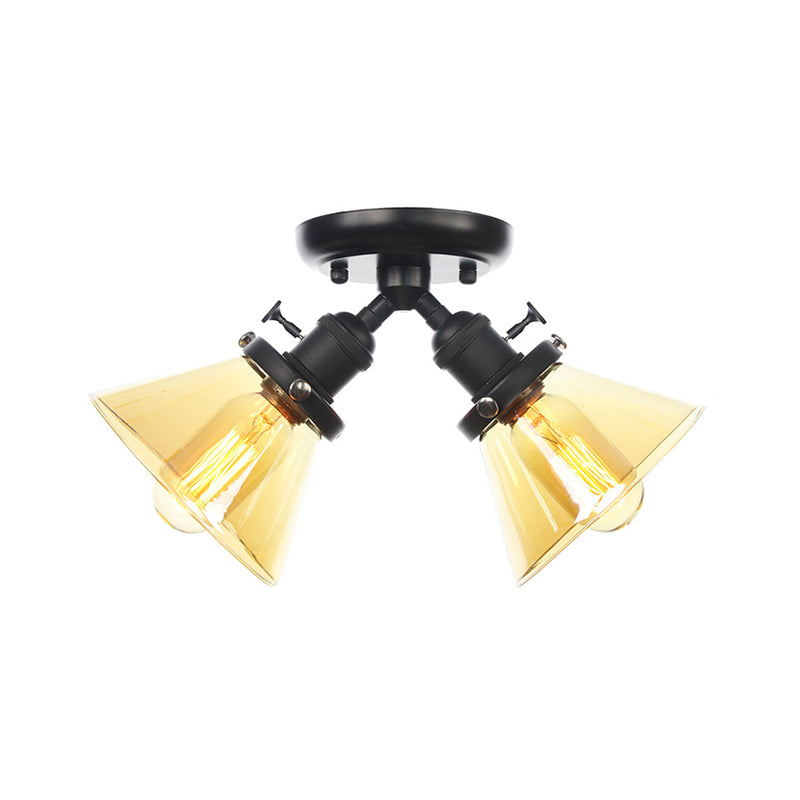 Vintage Style Restaurant Ceiling Light Fixture- 2 Heads, Black/Bronze Semi Flush Mount- Amber/Clear Conic Glass Shade