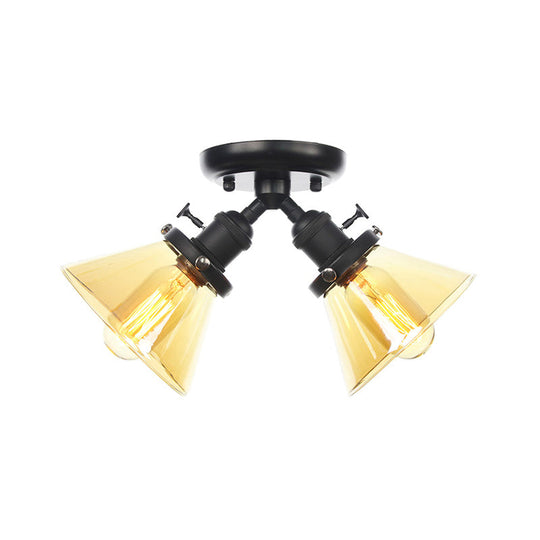 Vintage Style Semi Flush Mount Restaurant Ceiling Light With Conic Amber/Clear Glass Shade - 2 Heads