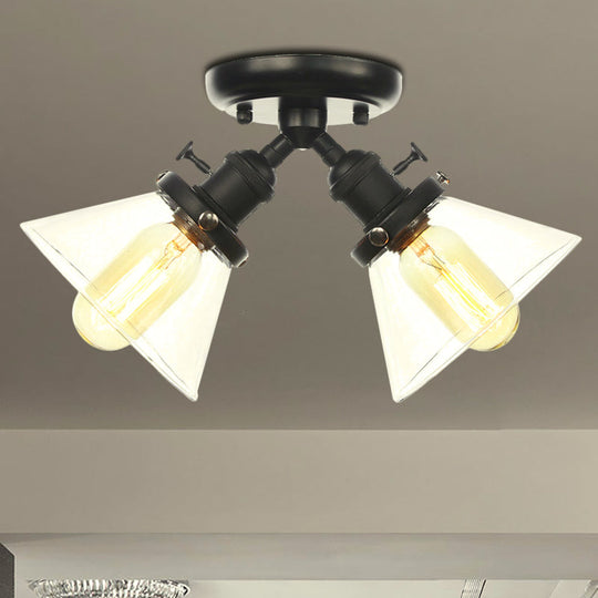 Vintage Style Semi Flush Mount Restaurant Ceiling Light With Conic Amber/Clear Glass Shade - 2 Heads