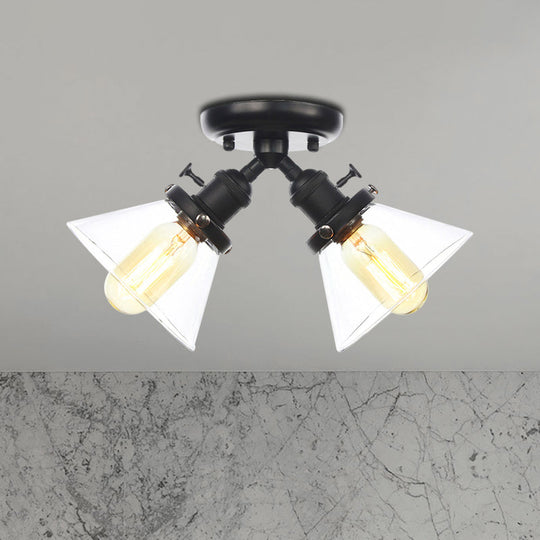 Vintage Style Restaurant Ceiling Light Fixture- 2 Heads, Black/Bronze Semi Flush Mount- Amber/Clear Conic Glass Shade