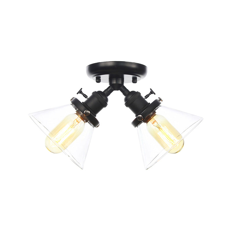 Vintage Style Restaurant Ceiling Light Fixture- 2 Heads, Black/Bronze Semi Flush Mount- Amber/Clear Conic Glass Shade