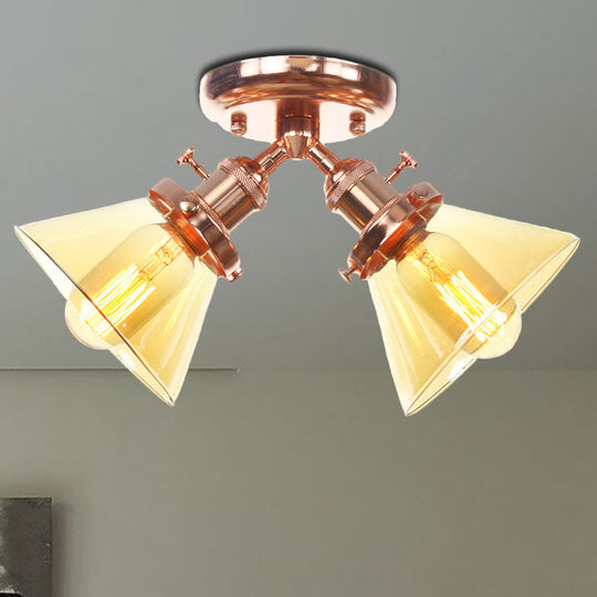 Vintage Style Semi Flush Mount Restaurant Ceiling Light With Conic Amber/Clear Glass Shade - 2 Heads