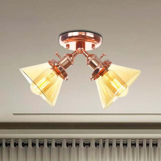 Vintage Style Semi Flush Mount Restaurant Ceiling Light With Conic Amber/Clear Glass Shade - 2 Heads