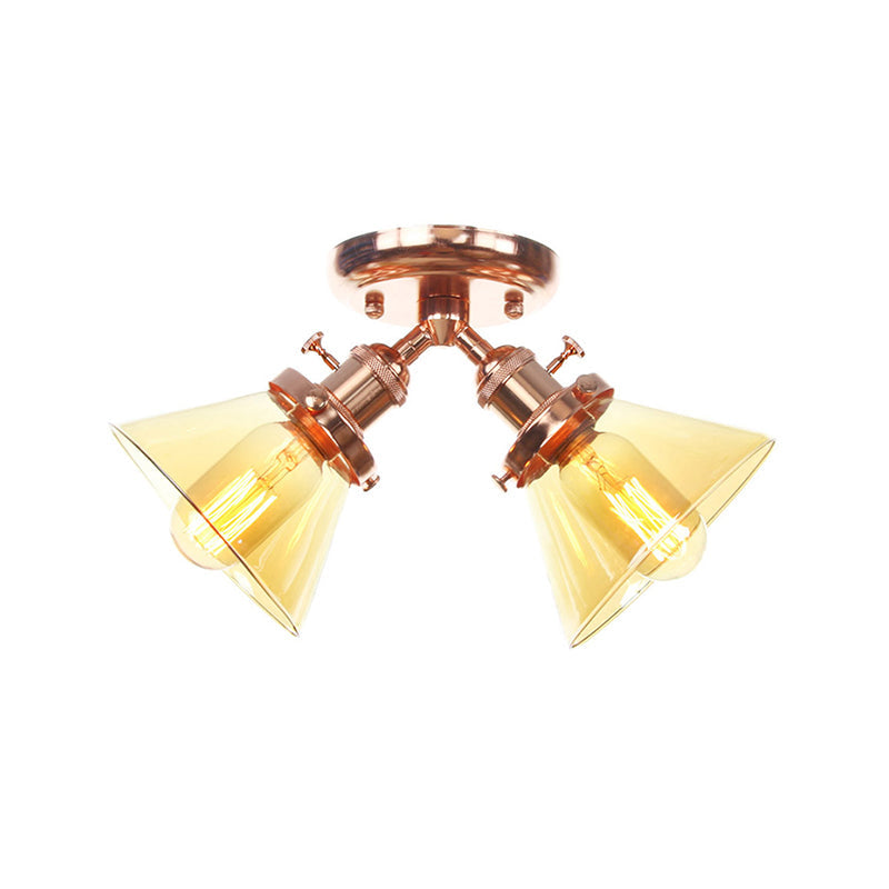 Vintage Style Semi Flush Mount Restaurant Ceiling Light With Conic Amber/Clear Glass Shade - 2 Heads