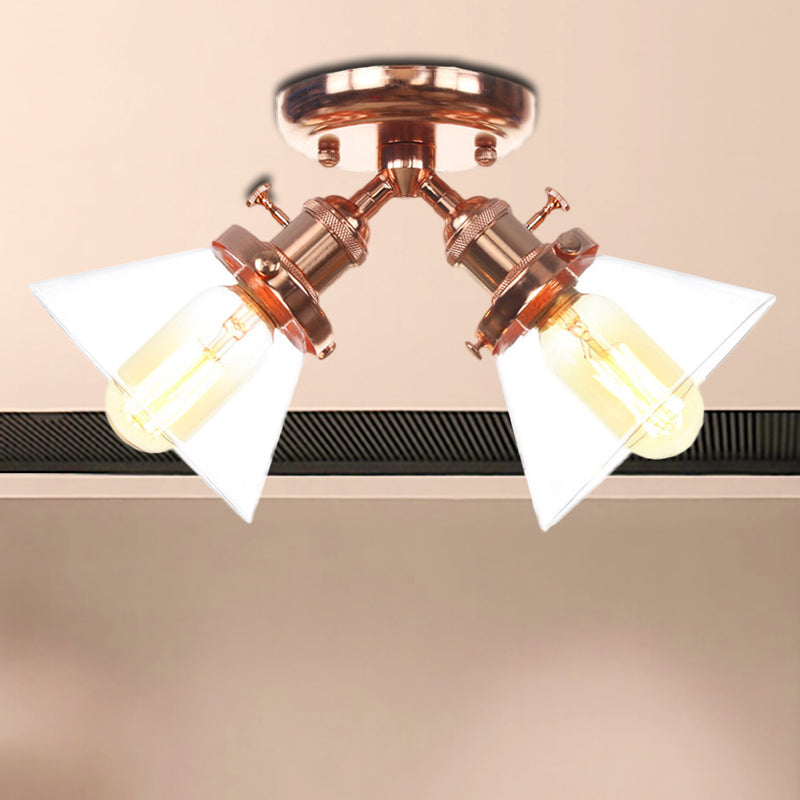 Vintage Style Semi Flush Mount Restaurant Ceiling Light With Conic Amber/Clear Glass Shade - 2 Heads