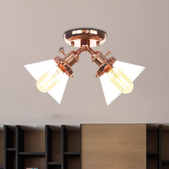 Vintage Style Semi Flush Mount Restaurant Ceiling Light With Conic Amber/Clear Glass Shade - 2 Heads