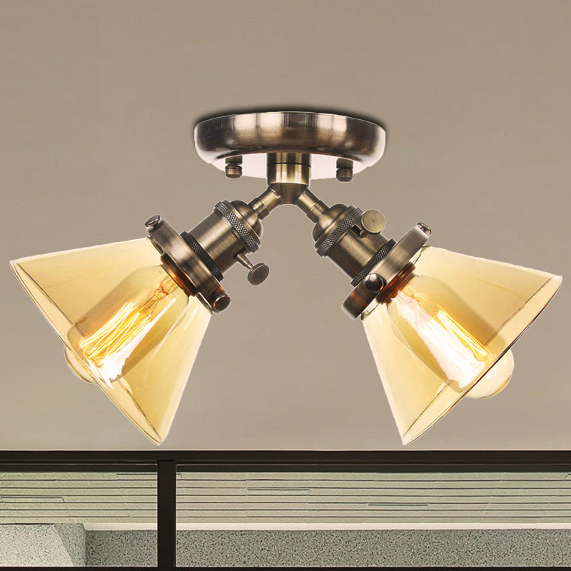 Vintage Style Semi Flush Mount Restaurant Ceiling Light With Conic Amber/Clear Glass Shade - 2 Heads