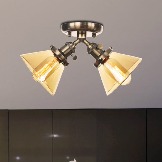 Vintage Style Semi Flush Mount Restaurant Ceiling Light With Conic Amber/Clear Glass Shade - 2 Heads