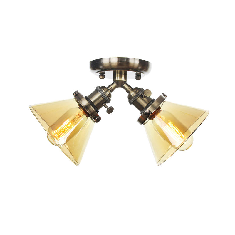 Vintage Style Semi Flush Mount Restaurant Ceiling Light With Conic Amber/Clear Glass Shade - 2 Heads