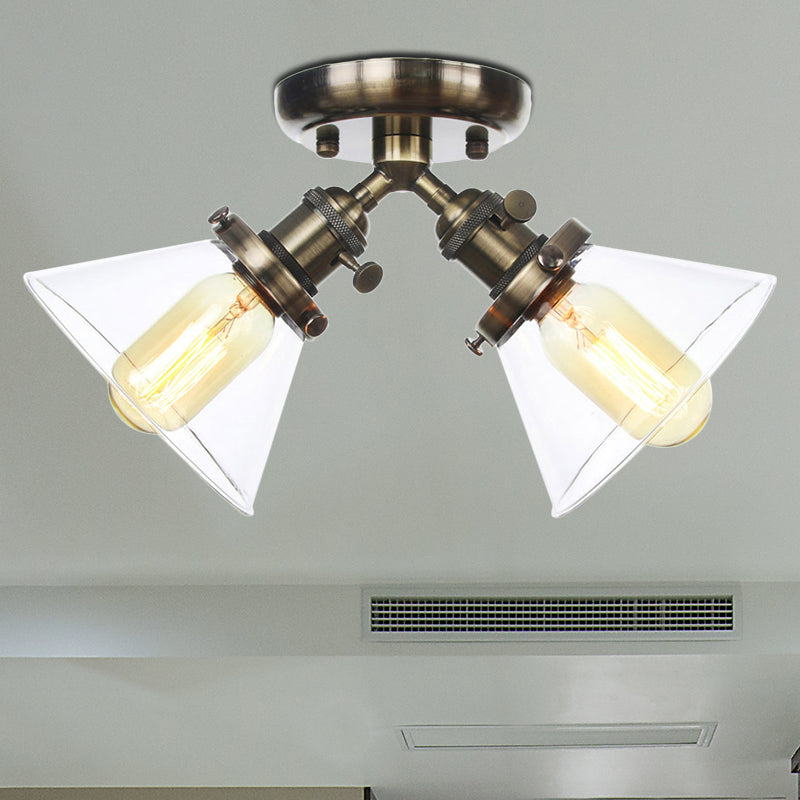 Vintage Style Semi Flush Mount Restaurant Ceiling Light With Conic Amber/Clear Glass Shade - 2 Heads