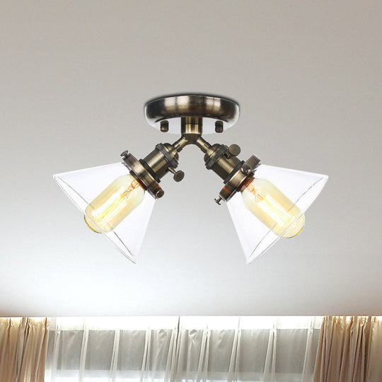 Vintage Style Semi Flush Mount Restaurant Ceiling Light With Conic Amber/Clear Glass Shade - 2 Heads