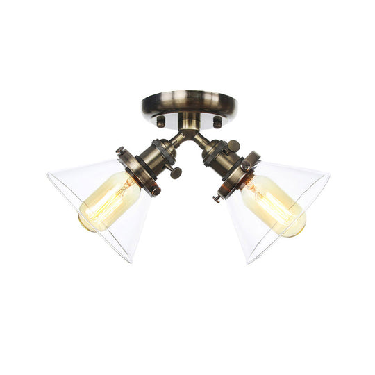 Vintage Style Semi Flush Mount Restaurant Ceiling Light With Conic Amber/Clear Glass Shade - 2 Heads