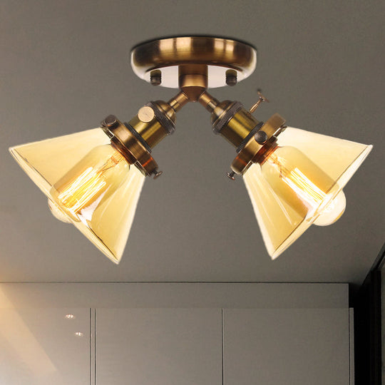 Vintage Style Semi Flush Mount Restaurant Ceiling Light With Conic Amber/Clear Glass Shade - 2 Heads