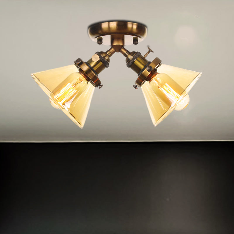 Vintage Style Restaurant Ceiling Light Fixture- 2 Heads, Black/Bronze Semi Flush Mount- Amber/Clear Conic Glass Shade