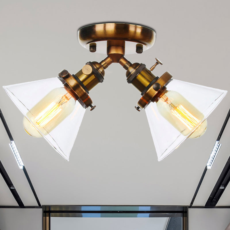 Vintage Style Semi Flush Mount Restaurant Ceiling Light With Conic Amber/Clear Glass Shade - 2 Heads