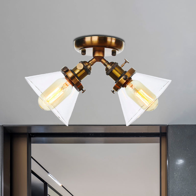 Vintage Style Semi Flush Mount Restaurant Ceiling Light With Conic Amber/Clear Glass Shade - 2 Heads