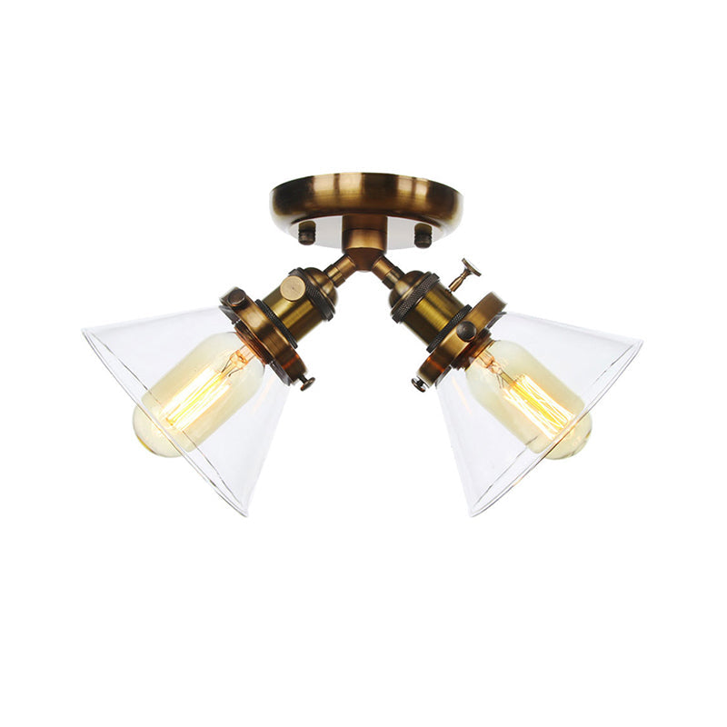 Vintage Style Semi Flush Mount Restaurant Ceiling Light With Conic Amber/Clear Glass Shade - 2 Heads