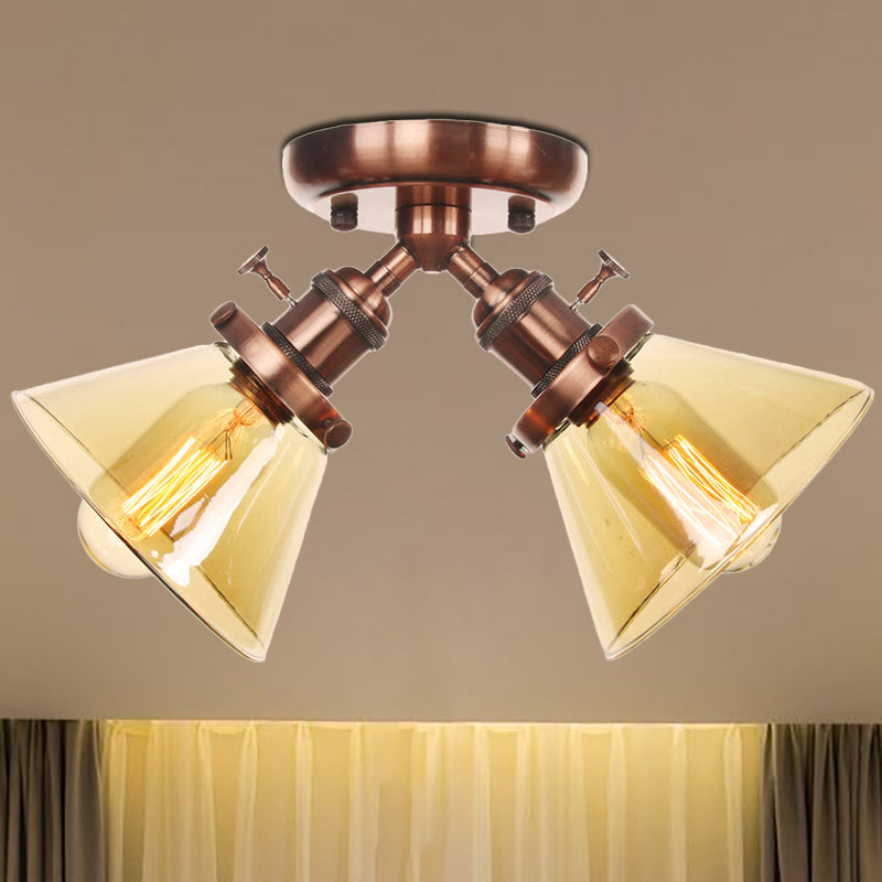 Vintage Style Semi Flush Mount Restaurant Ceiling Light With Conic Amber/Clear Glass Shade - 2 Heads