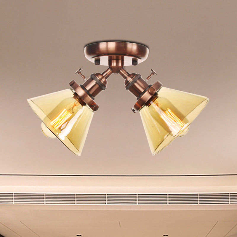 Vintage Style Semi Flush Mount Restaurant Ceiling Light With Conic Amber/Clear Glass Shade - 2 Heads