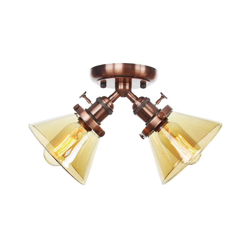 Vintage Style Semi Flush Mount Restaurant Ceiling Light With Conic Amber/Clear Glass Shade - 2 Heads