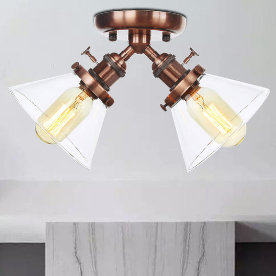 Vintage Style Semi Flush Mount Restaurant Ceiling Light With Conic Amber/Clear Glass Shade - 2 Heads