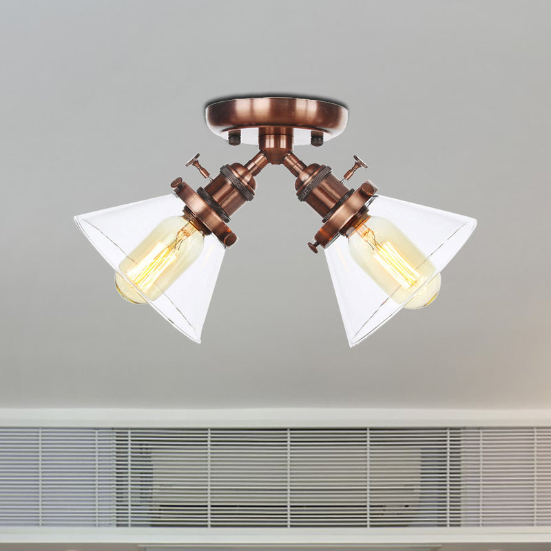 Vintage Style Semi Flush Mount Restaurant Ceiling Light With Conic Amber/Clear Glass Shade - 2 Heads