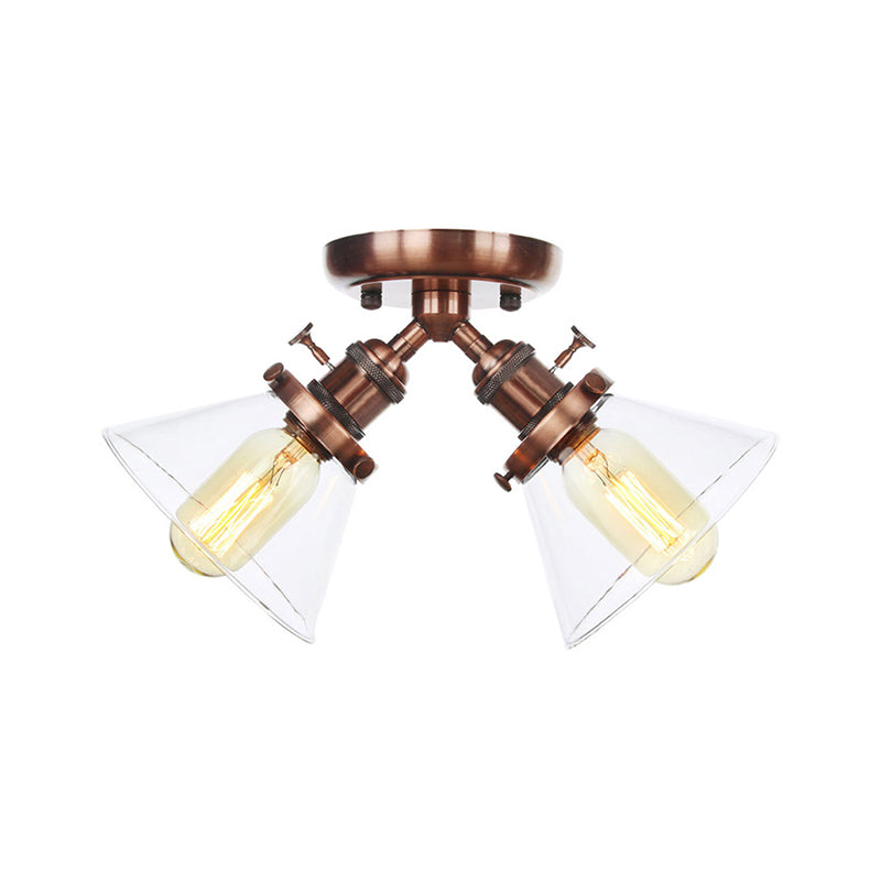 Vintage Style Semi Flush Mount Restaurant Ceiling Light With Conic Amber/Clear Glass Shade - 2 Heads