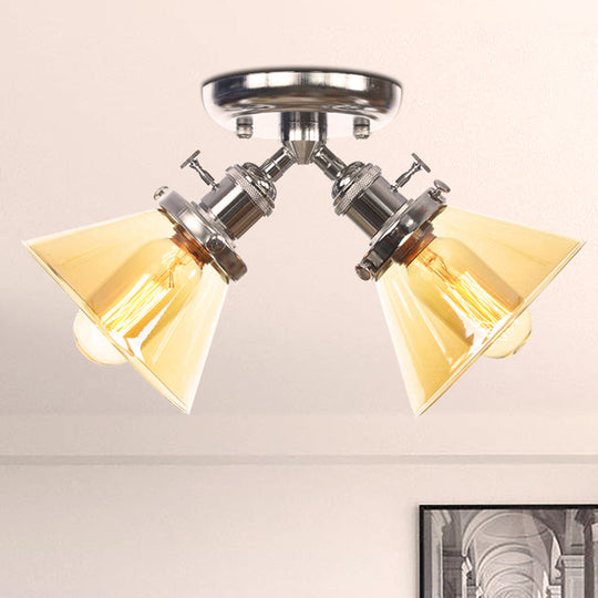 Vintage Style Semi Flush Mount Restaurant Ceiling Light With Conic Amber/Clear Glass Shade - 2 Heads